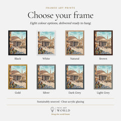 Rome Pantheon and piazza fountain watercolour art print, frame colour options for the framed print
