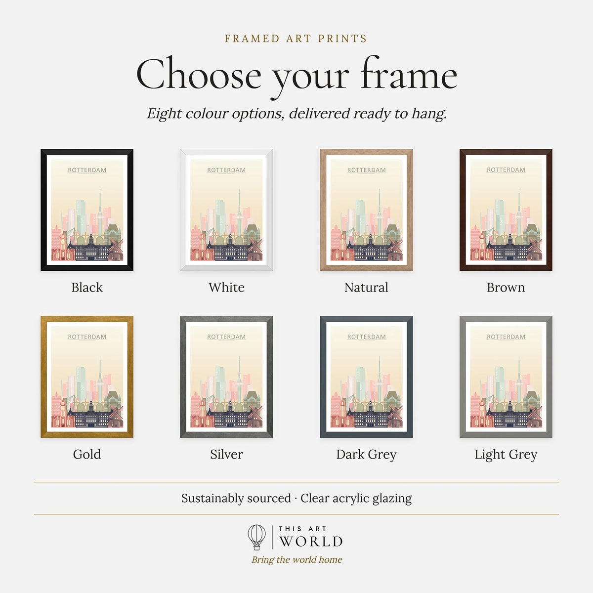 Rotterdam city skyline art print, frame colour options for the framed print