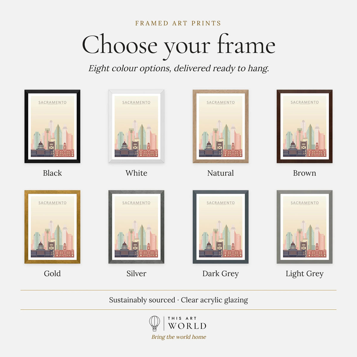 Sacramento city skyline art print, frame colour options for the framed print