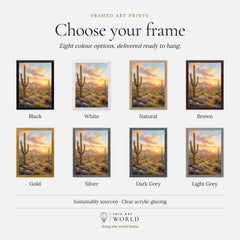 Saguaro National Park saguaro cacti at sunset watercolour art print, frame colour options for the framed print