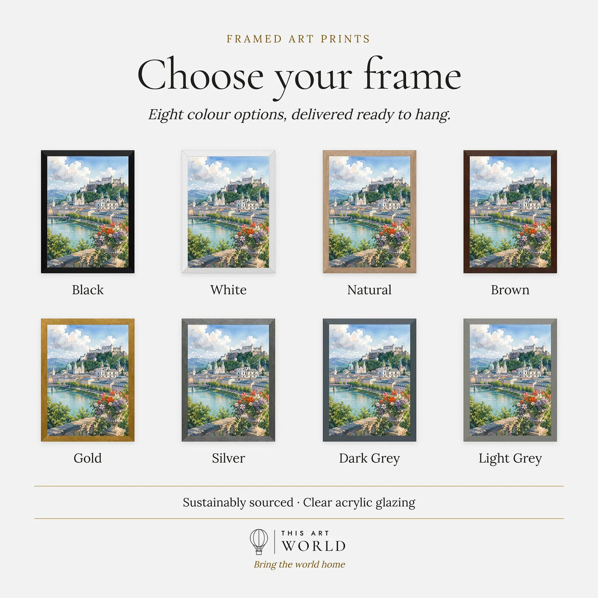 Salzburg Hohensalzburg fortress and old town watercolour art print, frame colour options for the framed print