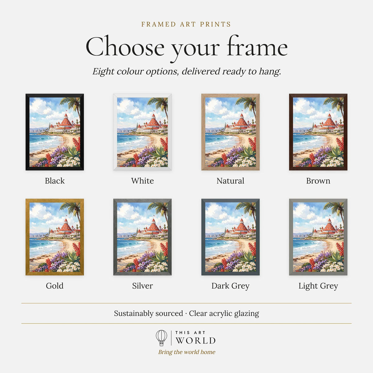 San Diego Hotel del Coronado and beach watercolour art print, frame colour options for the framed print