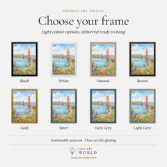 San Francisco Golden Gate Bridge and poppies watercolour art print, frame colour options for the framed print