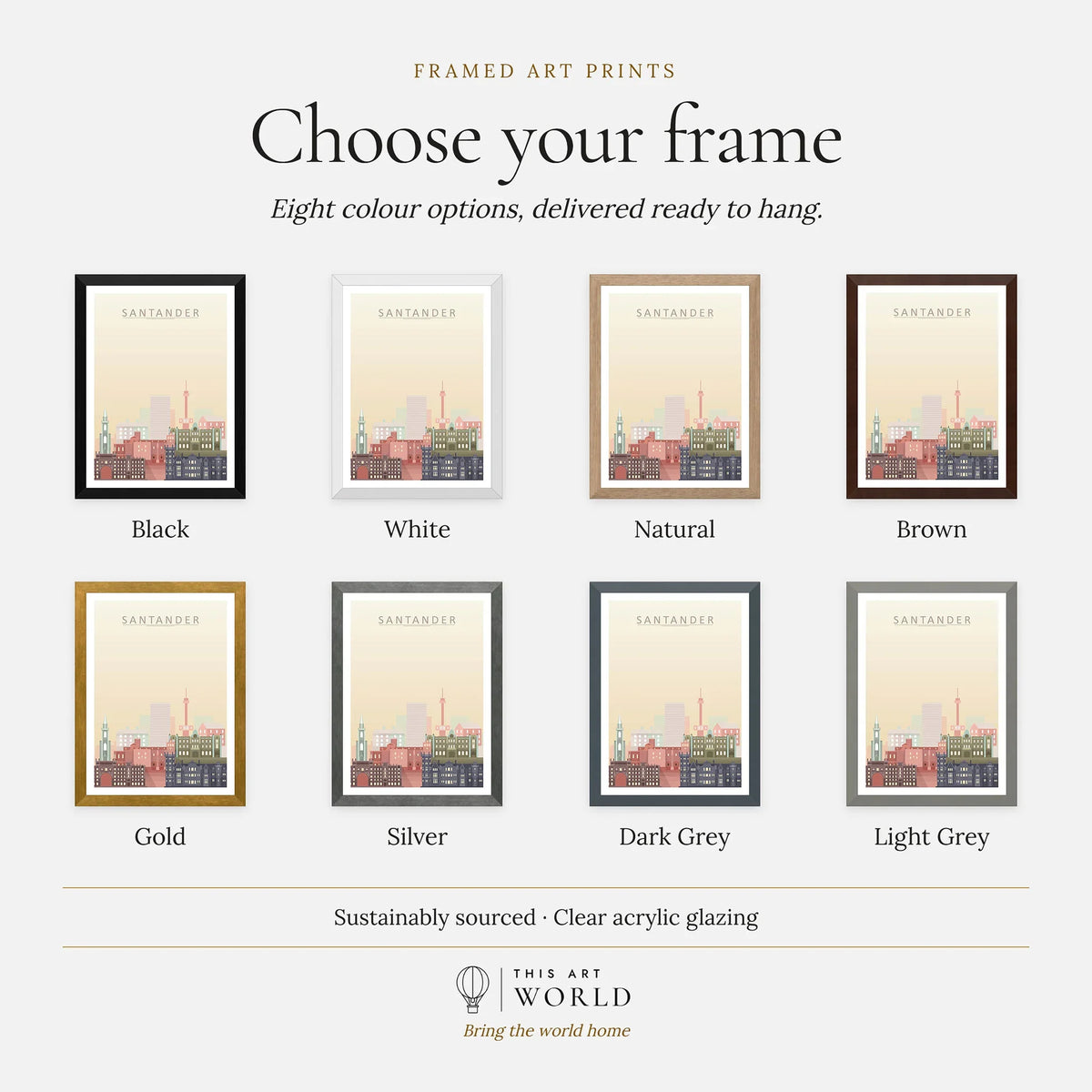 Santander city skyline art print, frame colour options for the framed print