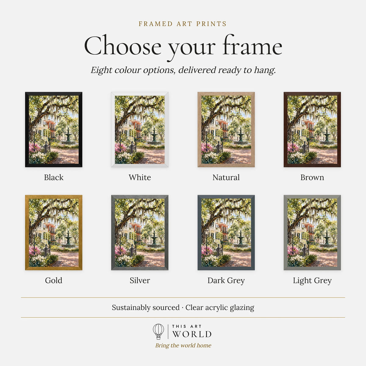 Savannah Spanish moss oaks and park fountain watercolour art print, frame colour options for the framed print