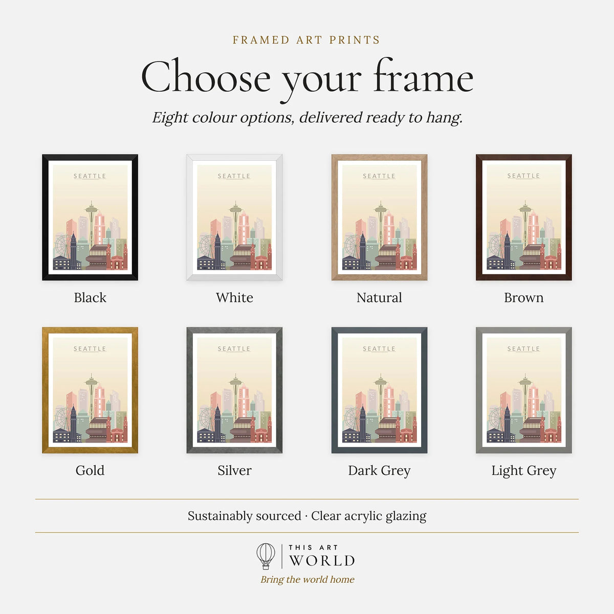 Seattle city skyline art print, frame colour options for the framed print