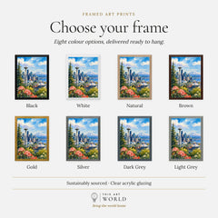 Seattle Space Needle and Mount Rainier watercolour art print, frame colour options for the framed print