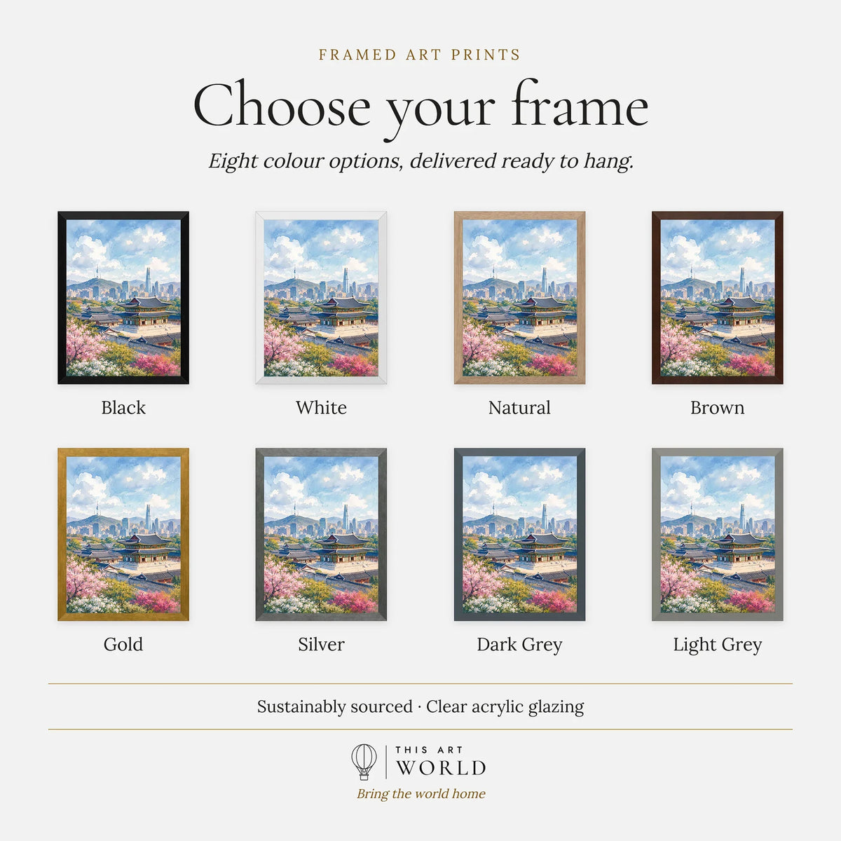 Seoul Gyeongbokgung Palace and skyline watercolour art print, frame colour options for the framed print
