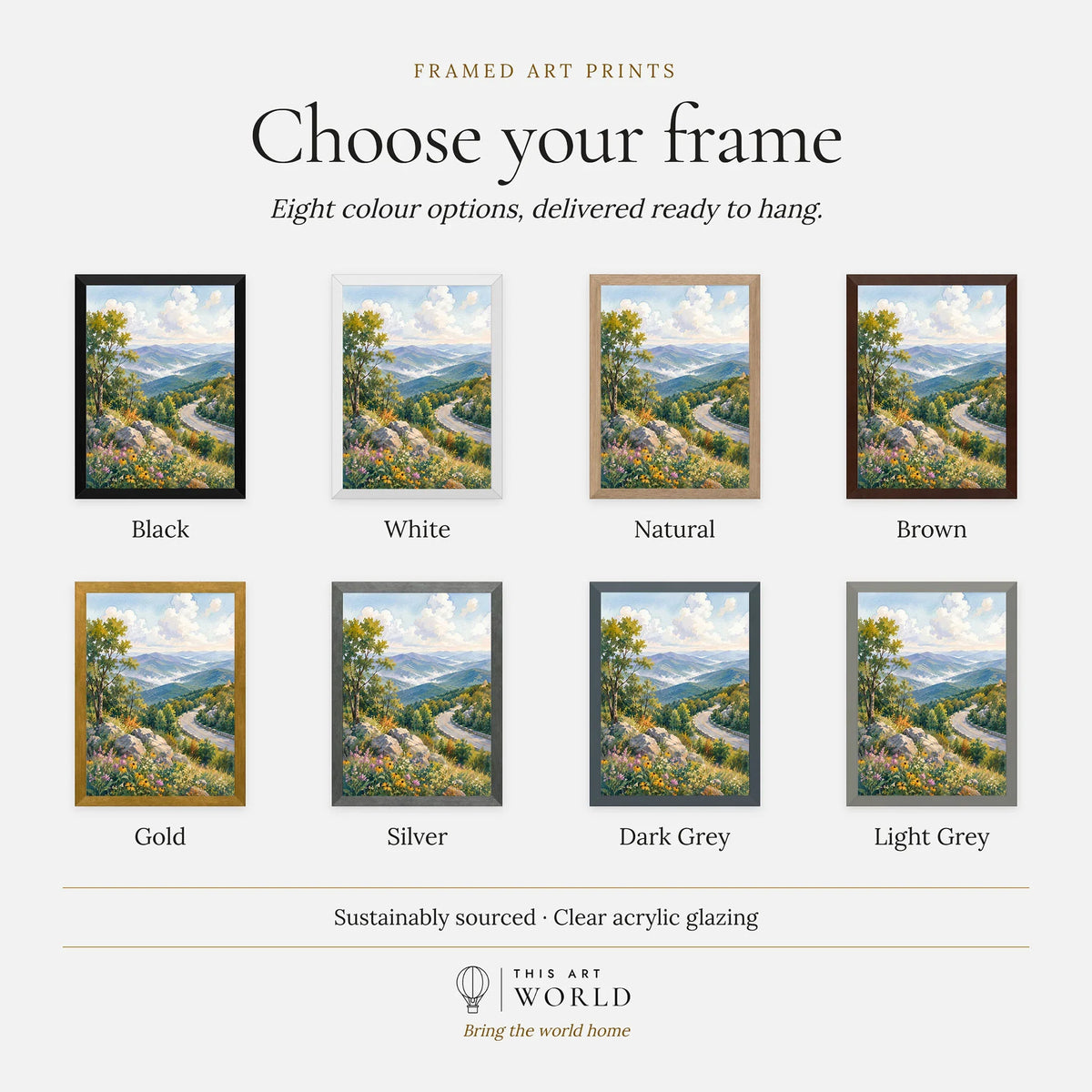 Shenandoah National Park Skyline Drive and Blue Ridge watercolour art print, frame colour options for the framed print