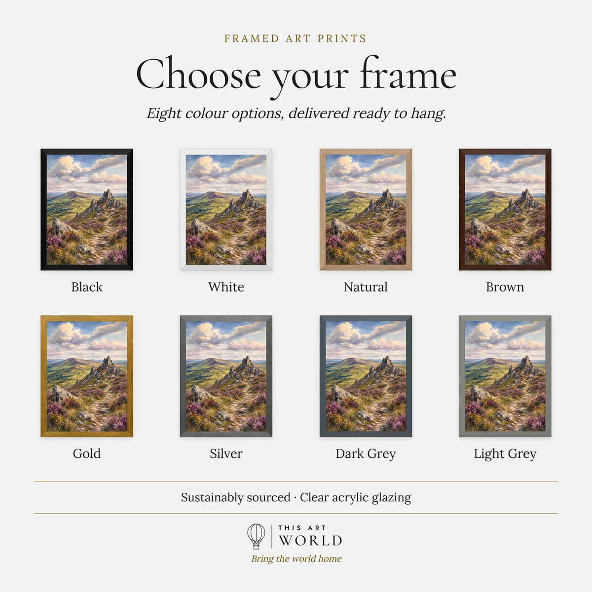 Shropshire Hills Stiperstones rocky ridge watercolour art print, frame colour options for the framed print