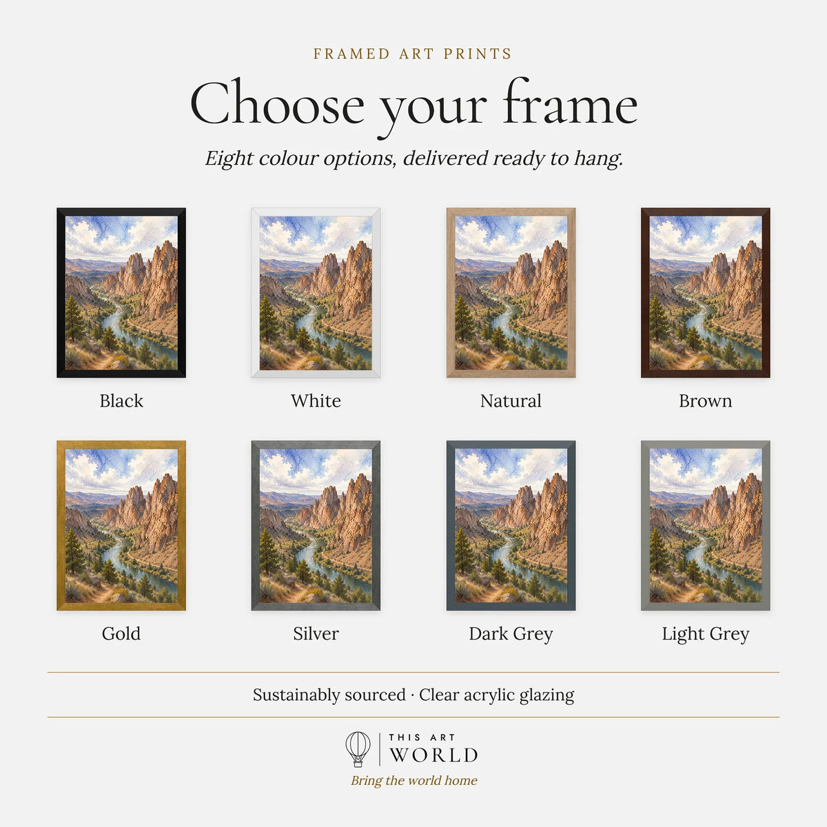 Smith Rock State Park Crooked River below the rock spires watercolour art print, frame colour options for the framed print