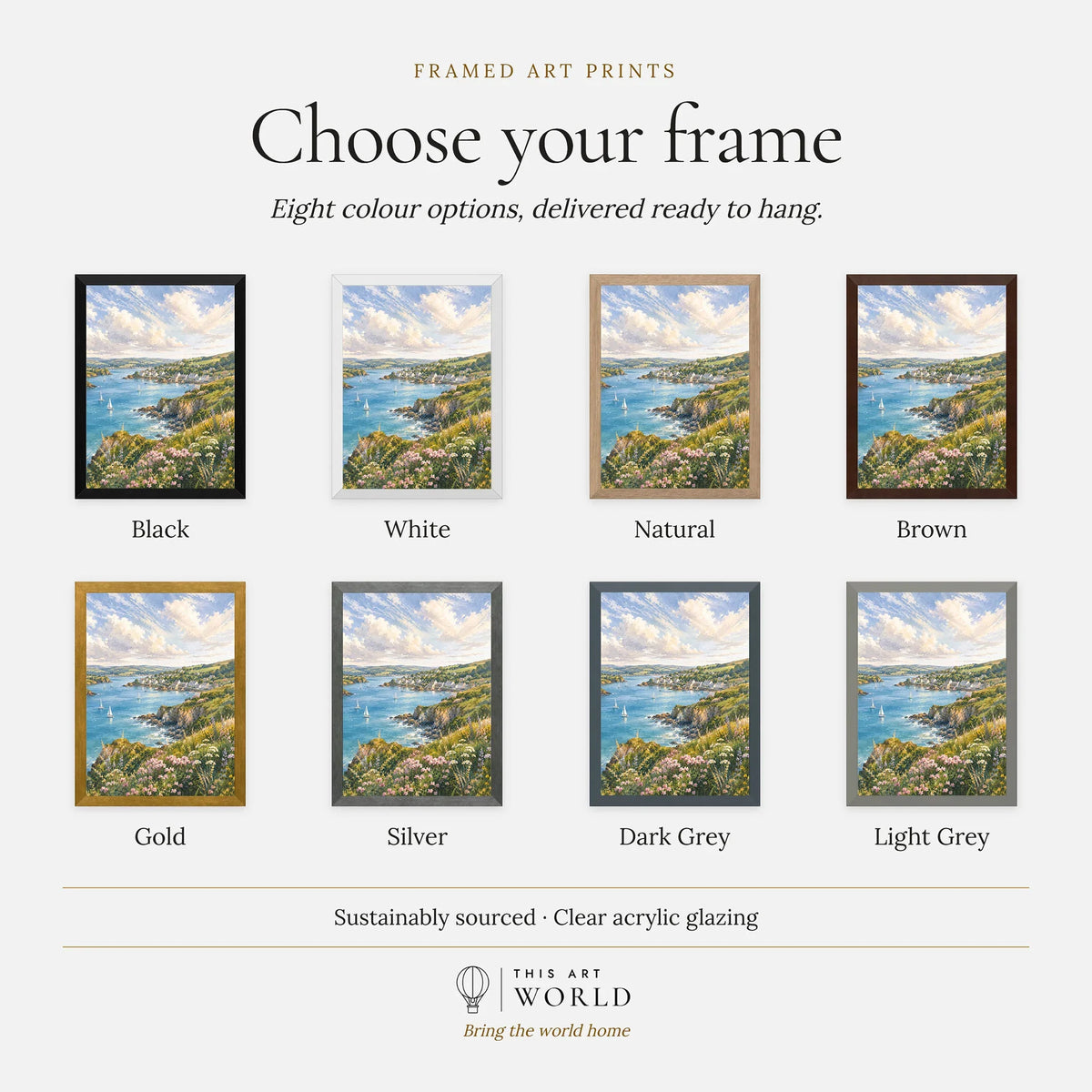 South Devon estuary village and sailing boats watercolour art print, frame colour options for the framed print