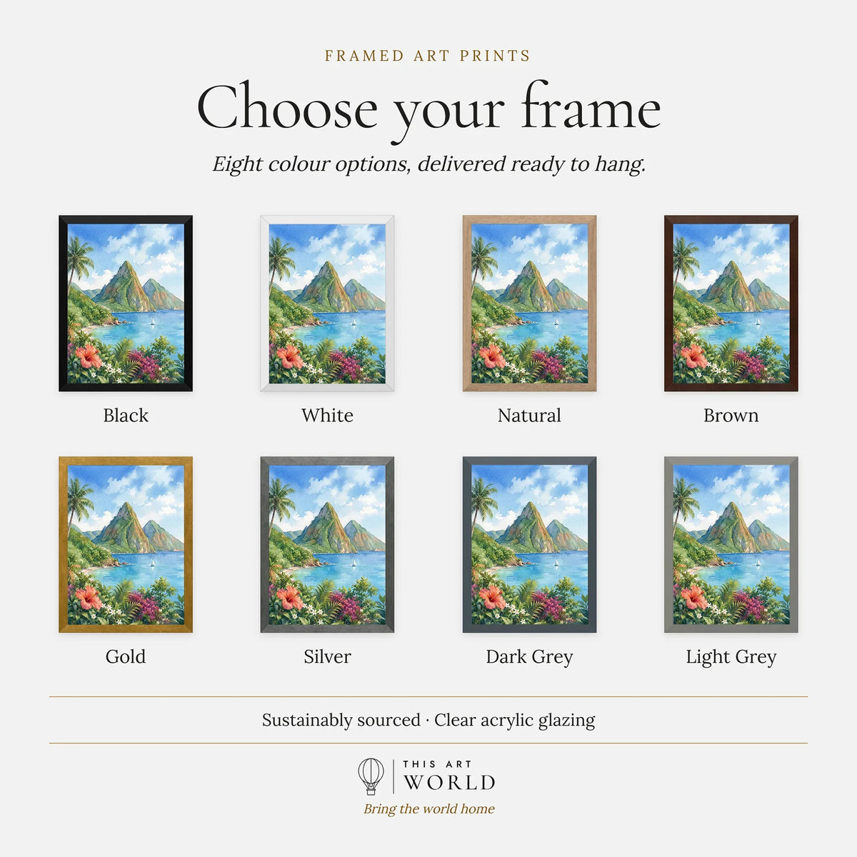 St Lucia the Pitons and bay watercolour art print, frame colour options for the framed print