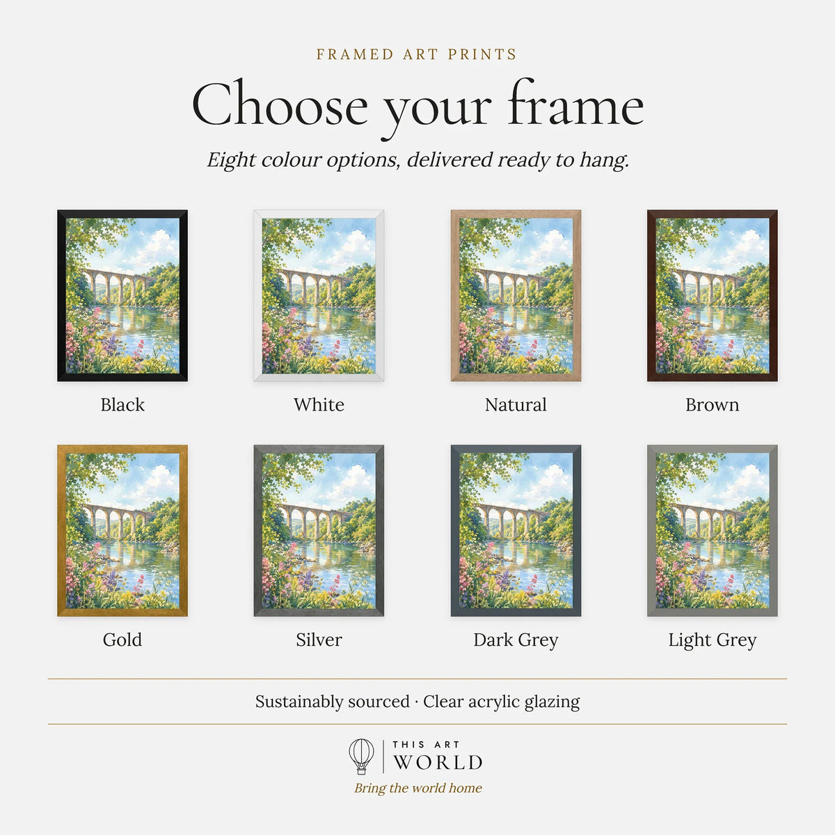 Tamar Valley Calstock Viaduct over the river watercolour art print, frame colour options for the framed print