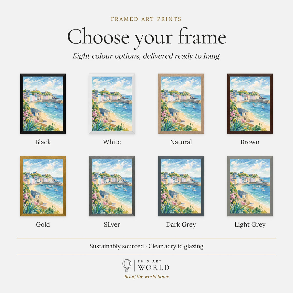 Tenby pastel harbour houses and beach watercolour art print, frame colour options for the framed print