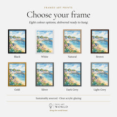 Tenby pastel harbour houses and beach watercolour art print, frame colour options for the framed print