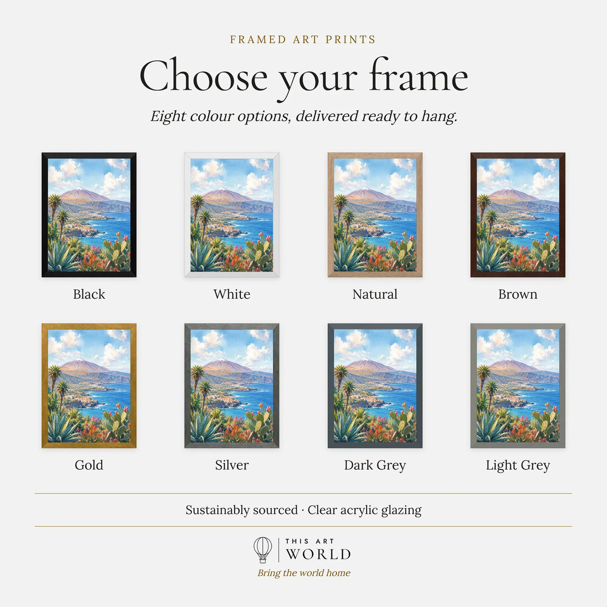 Tenerife Mount Teide and coast watercolour art print, frame colour options for the framed print
