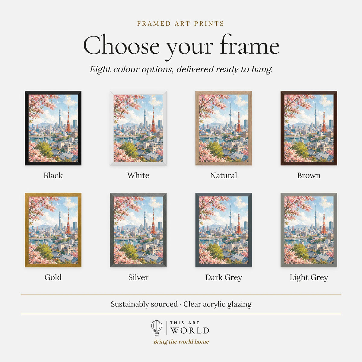 Tokyo Tokyo Tower, Skytree and Mount Fuji watercolour art print, frame colour options for the framed print
