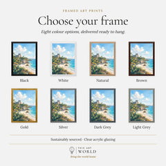 Tulum Mayan ruins above the beach watercolour art print, frame colour options for the framed print