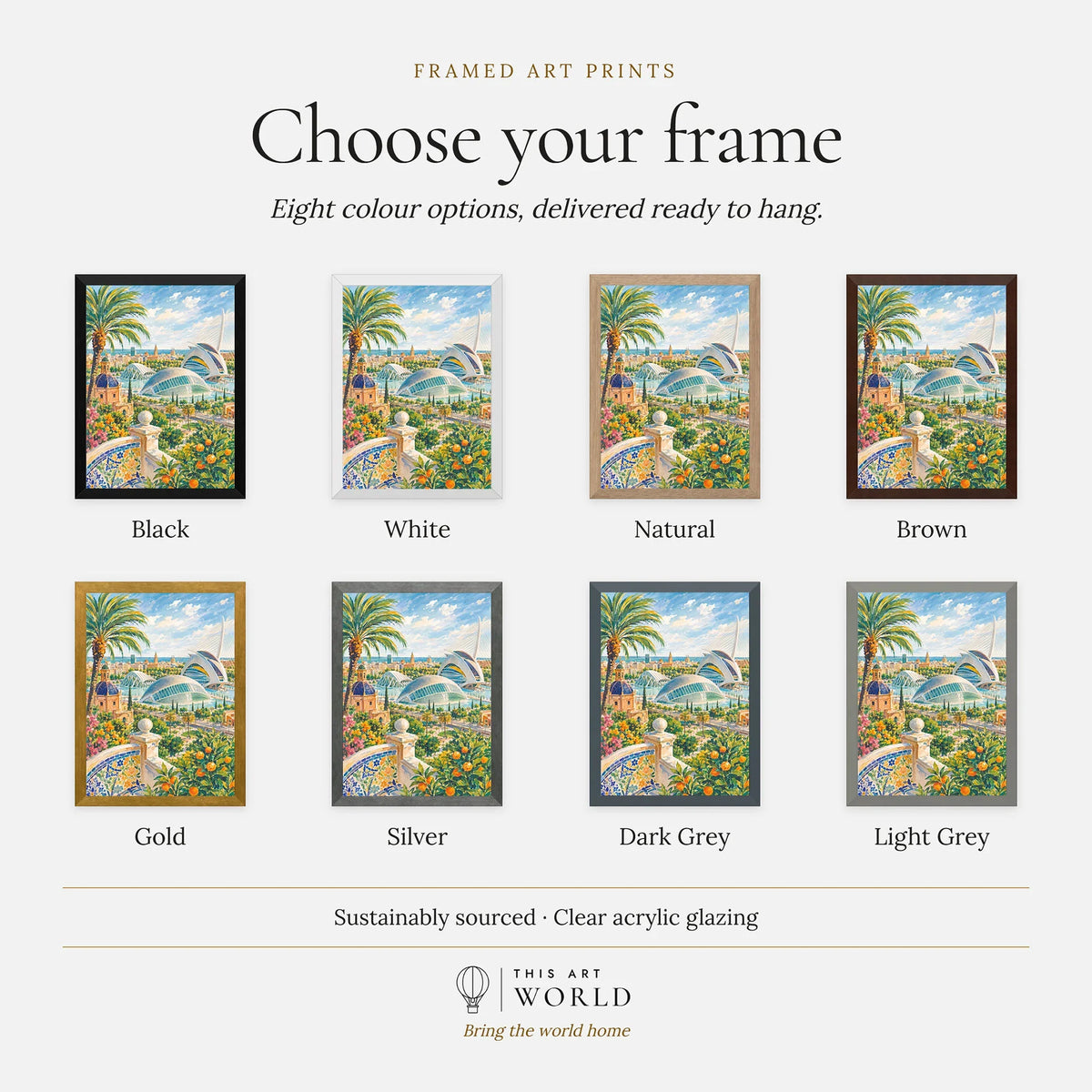 Valencia City of Arts and Sciences watercolour art print, frame colour options for the framed print