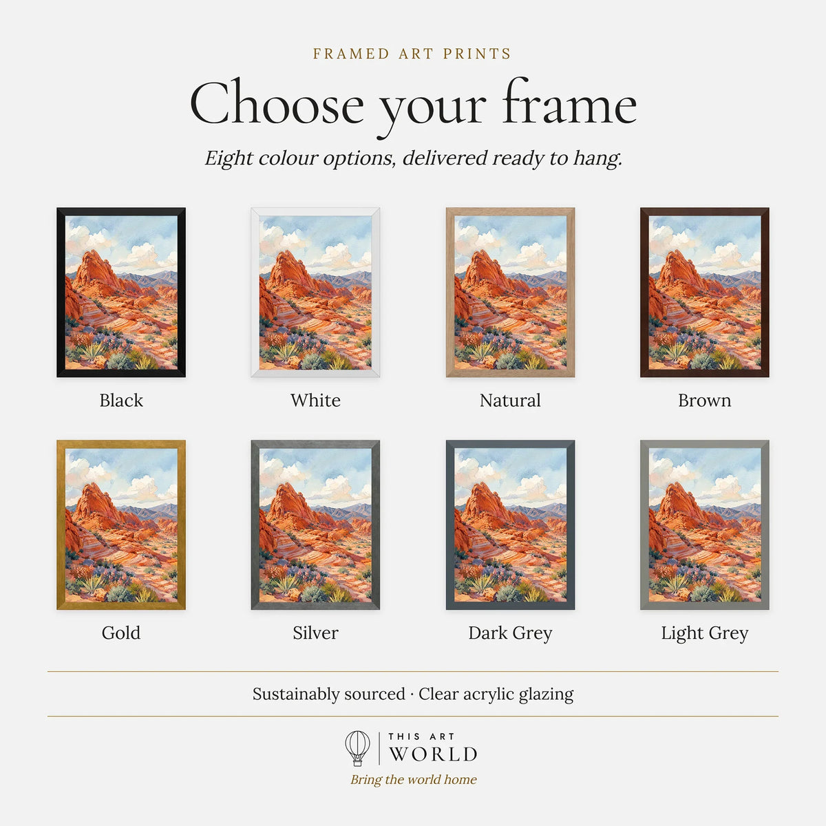 Valley of Fire State Park red sandstone waves watercolour art print, frame colour options for the framed print