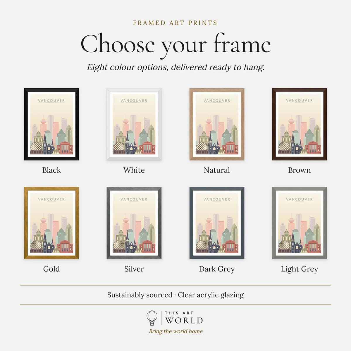 Vancouver city skyline art print, frame colour options for the framed print