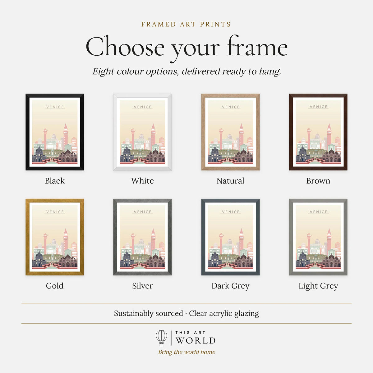 Venice city skyline art print, frame colour options for the framed print