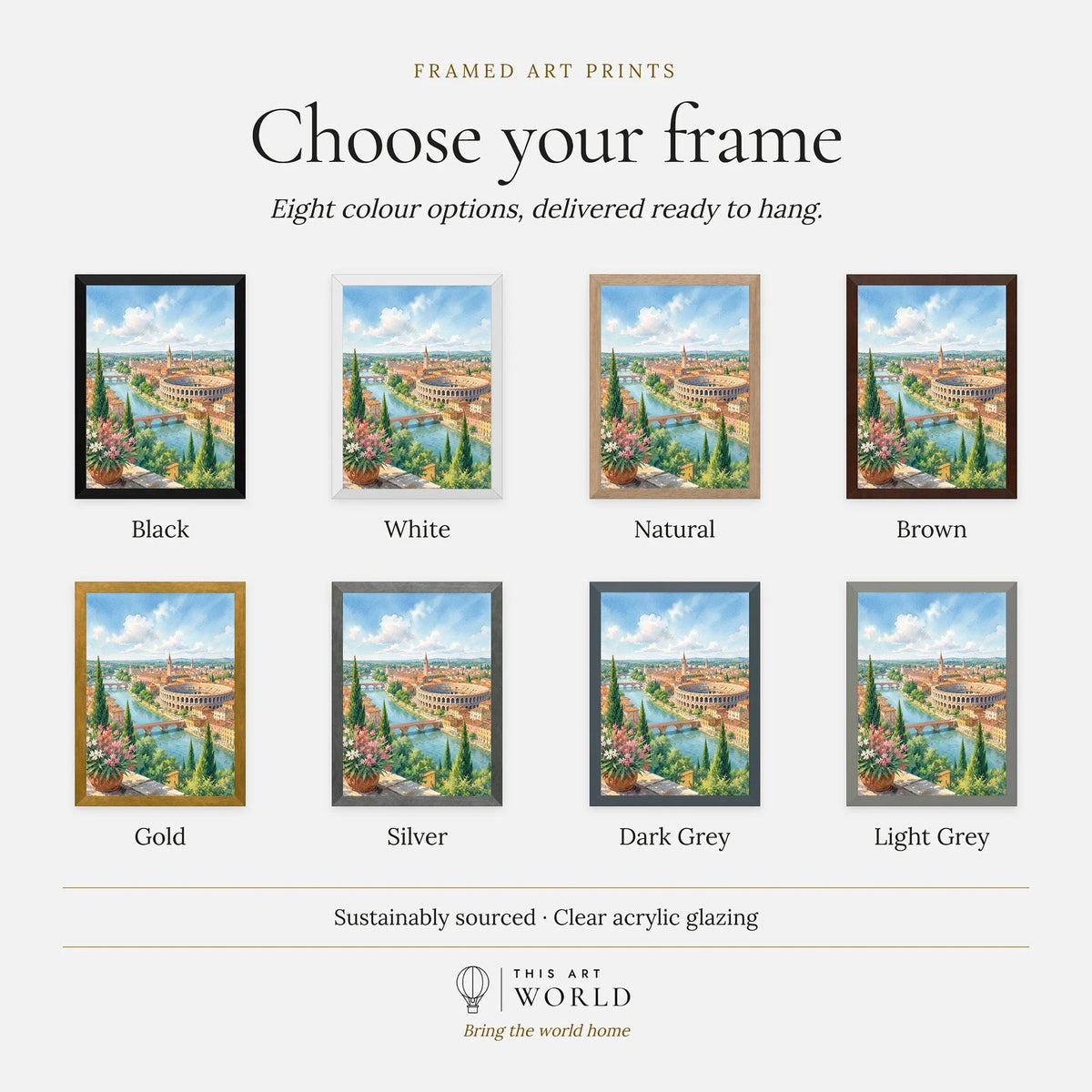 Verona Arena and Adige river watercolour art print, frame colour options for the framed print