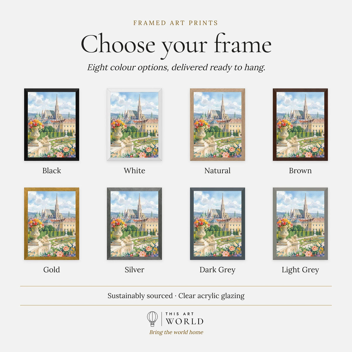 Vienna St Stephen's Cathedral and palace gardens watercolour art print, frame colour options for the framed print