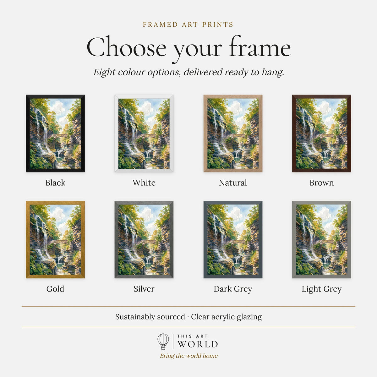 Watkins Glen State Park gorge waterfalls and stone bridge watercolour art print, frame colour options for the framed print
