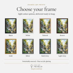 Watkins Glen State Park gorge waterfalls and stone bridge watercolour art print, frame colour options for the framed print