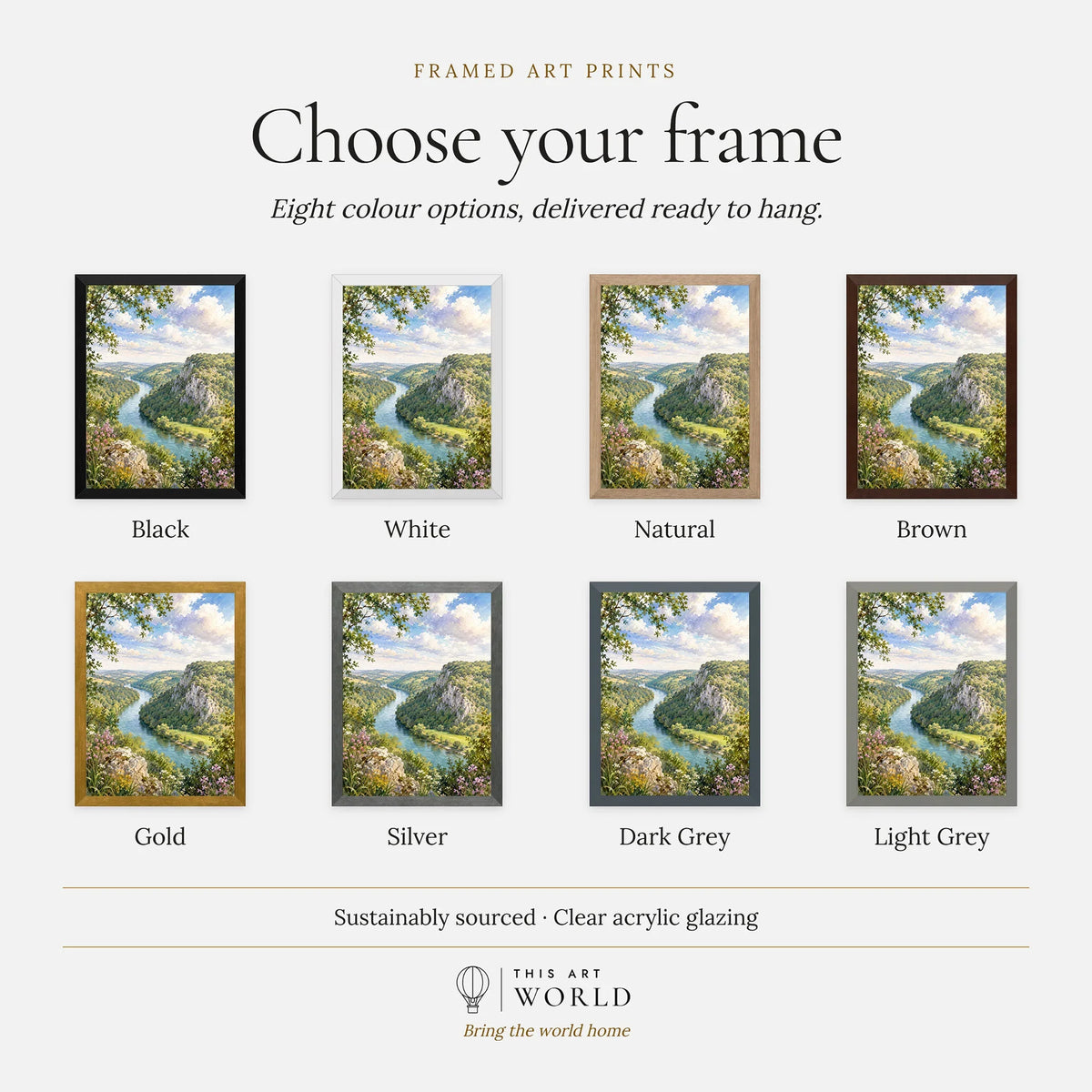 Wye Valley river and limestone cliffs watercolour art print, frame colour options for the framed print