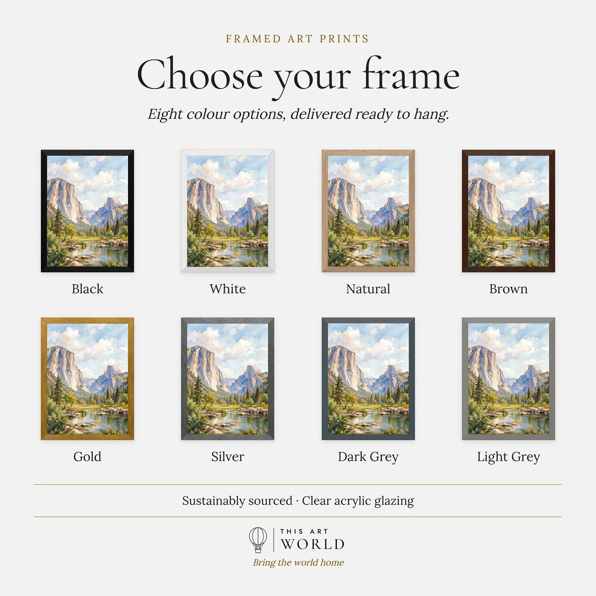 Yosemite National Park El Capitan and Half Dome watercolour art print, frame colour options for the framed print