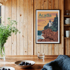 Framed Acadia National Park travel poster in cozy wood kitchen with rustic decor.