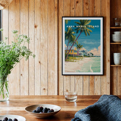 Framed Anna Maria Island art print with palm trees in a modern wood kitchen setting