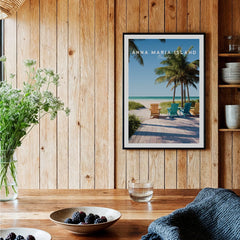 Travel poster of Anna Maria Island beach with palm trees in a modern wood kitchen setting.