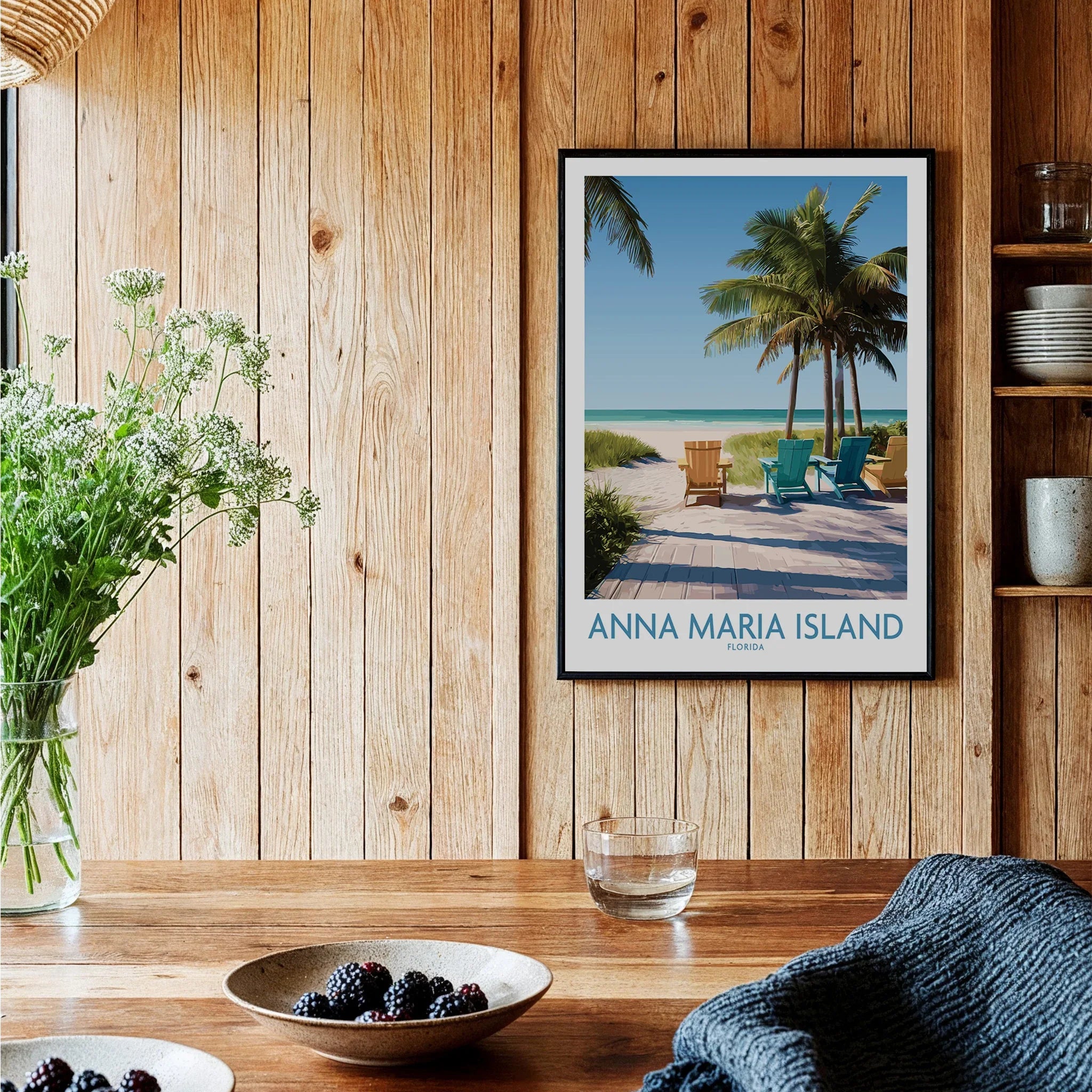 Anna Maria Island Florida travel poster with beach scene in black frame, styled in rustic kitchen