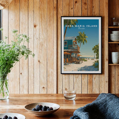 Framed Anna Maria Island Florida travel poster on wooden kitchen wall with rustic decor