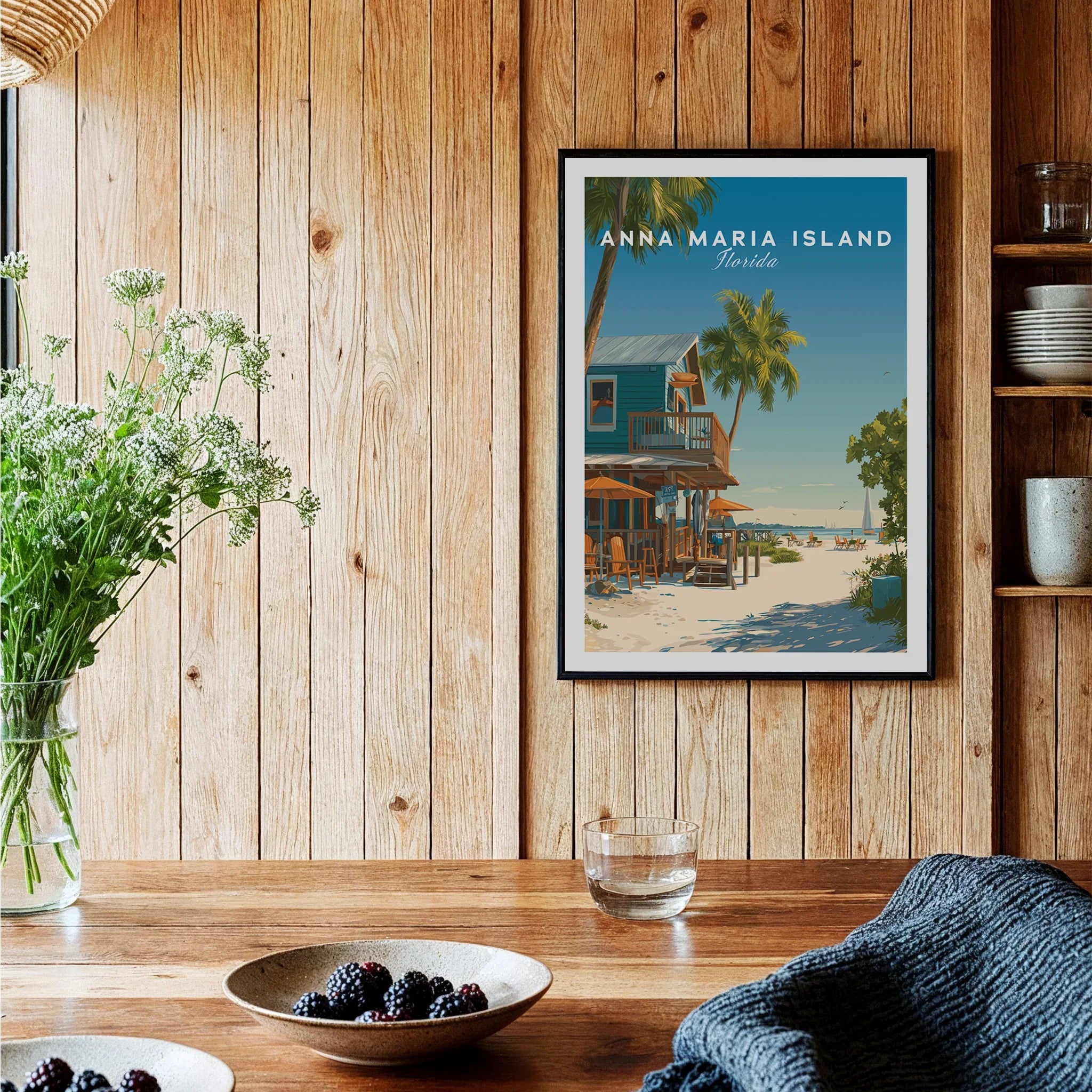 Framed Anna Maria Island Florida travel poster on wooden kitchen wall with rustic decor