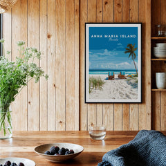 Anna Maria Island beach art print in black frame on wood wall, kitchen table decor setting
