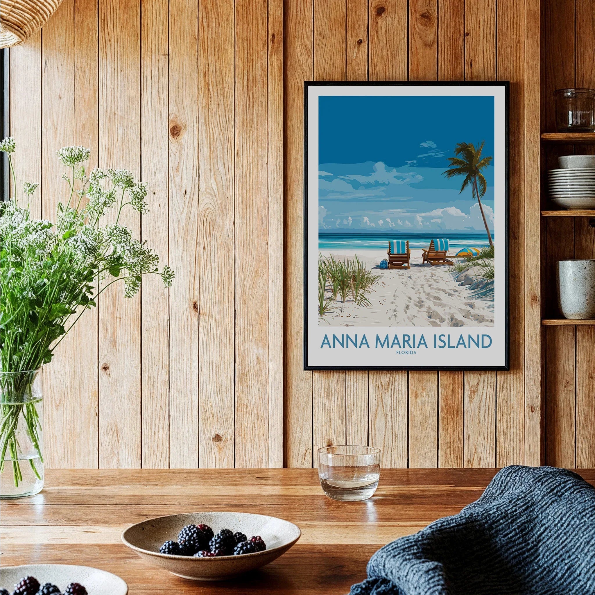 Anna Maria Island beach art print with palm tree in cozy modern wood kitchen decor