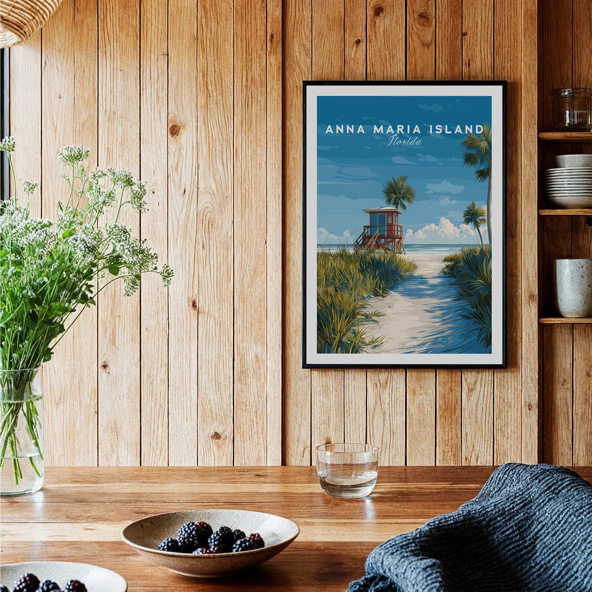 Anna Maria Island Florida art print with beach scene in modern rustic kitchen setting