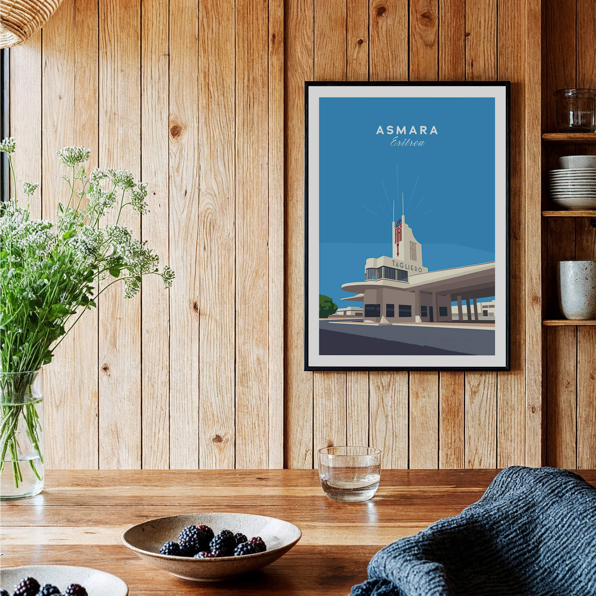 Asmara Travel Poster – Fiat Tagliero Futurist Architecture Art Print displayed in a cozy interior setting.