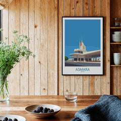 Asmara Eritrea Print – Fiat Tagliero Poster displayed in a wooden room with plants and decor.