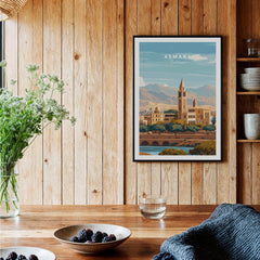 Asmara Travel Poster – Cityscape Skyline and Mountain Landscape Art Print displayed in a cozy interior setting.