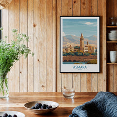 Asmara Eritrea Wall Art – Travel Poster displayed in a cozy interior setting with wooden accents.