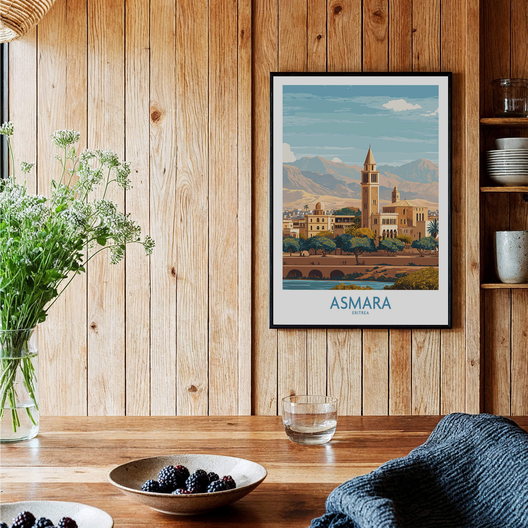 Asmara Eritrea Wall Art – Travel Poster displayed in a cozy interior setting with wooden accents.