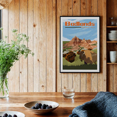 Badlands National Park art print with bison, hanging in rustic kitchen setting
