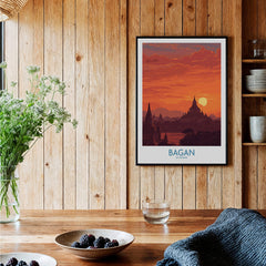 Bagan Myanmar Wall Art – Buddhist Pagoda Skyline Canvas Print displayed in a cozy home setting.