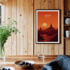 Bagan Travel Poster – Minimalist Temple Wall Art featuring serene sunset and iconic pagodas in a modern interior.